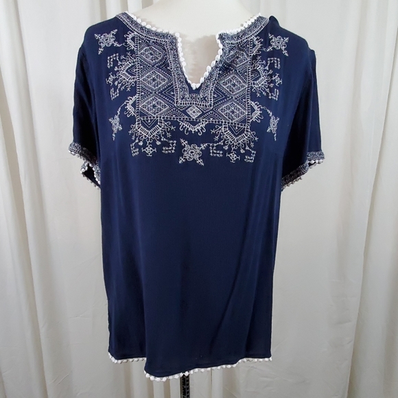 Cato Tops - CATO Navy Blue Top w Decorative White Stitching
